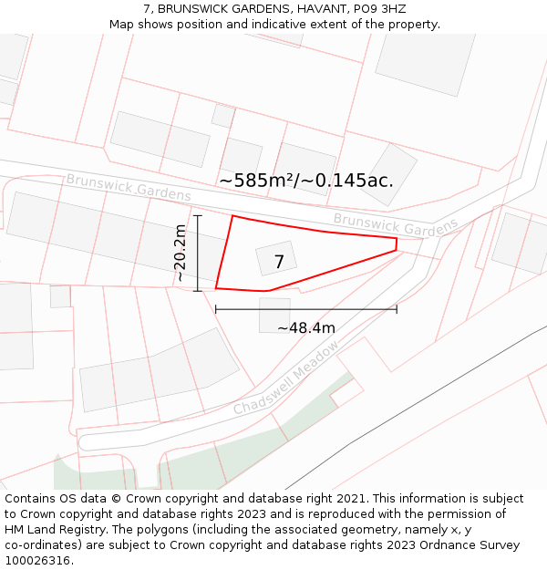 7, BRUNSWICK GARDENS, HAVANT, PO9 3HZ: Plot and title map