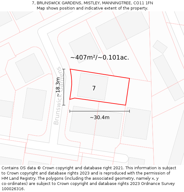 7, BRUNSWICK GARDENS, MISTLEY, MANNINGTREE, CO11 1FN: Plot and title map