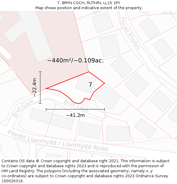 7, BRYN COCH, RUTHIN, LL15 1PY: Plot and title map