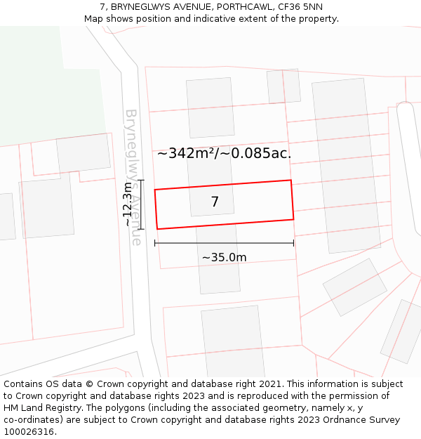 7, BRYNEGLWYS AVENUE, PORTHCAWL, CF36 5NN: Plot and title map