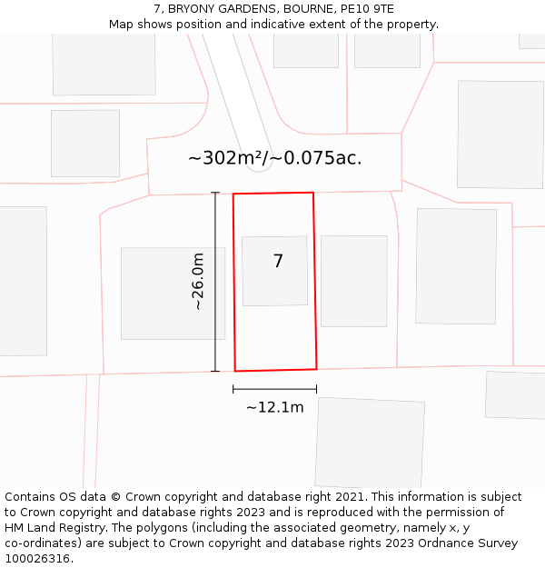 7, BRYONY GARDENS, BOURNE, PE10 9TE: Plot and title map