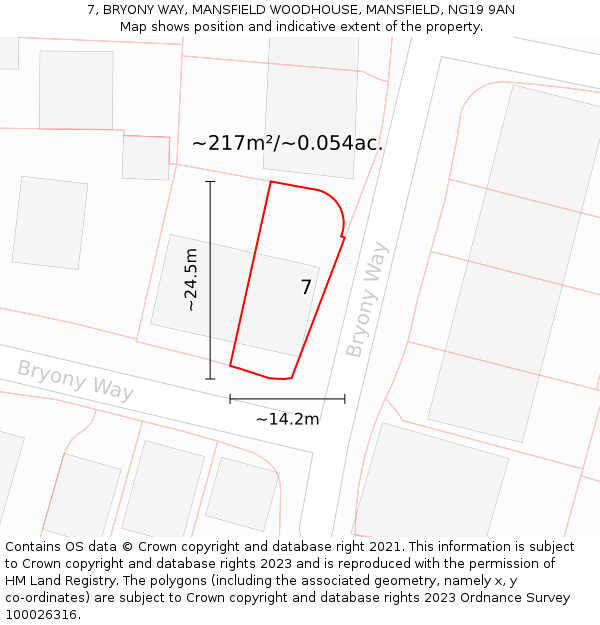 7, BRYONY WAY, MANSFIELD WOODHOUSE, MANSFIELD, NG19 9AN: Plot and title map