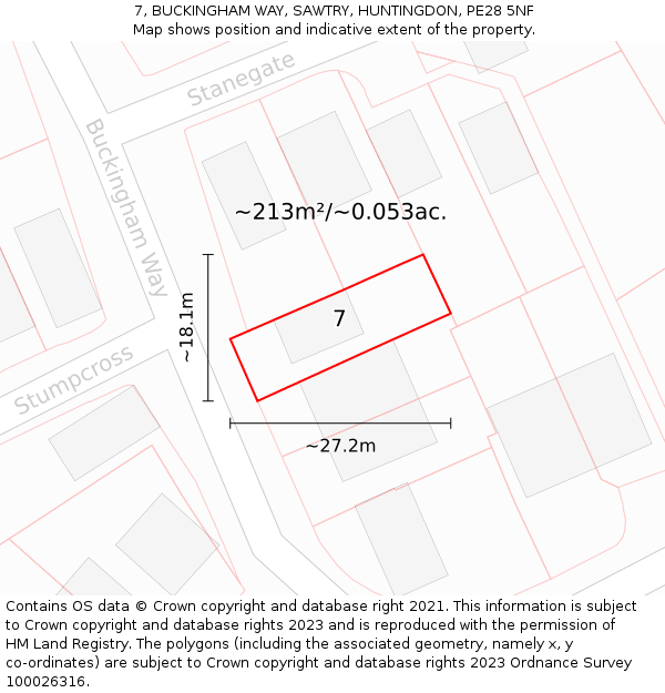 7, BUCKINGHAM WAY, SAWTRY, HUNTINGDON, PE28 5NF: Plot and title map