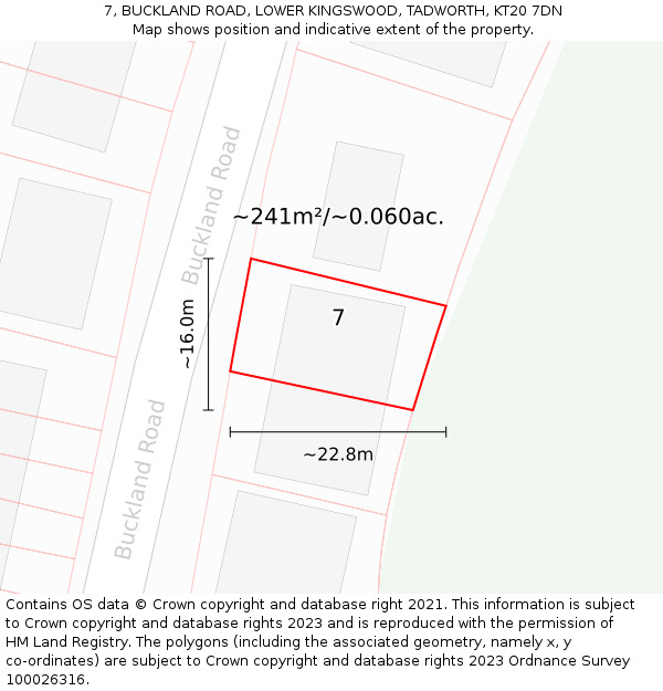 7, BUCKLAND ROAD, LOWER KINGSWOOD, TADWORTH, KT20 7DN: Plot and title map