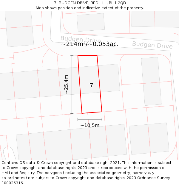 7, BUDGEN DRIVE, REDHILL, RH1 2QB: Plot and title map