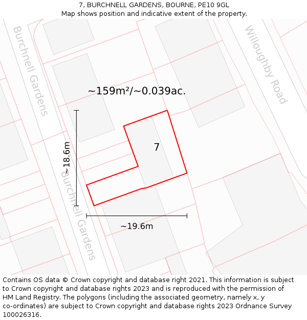 7, BURCHNELL GARDENS, BOURNE, PE10 9GL: Plot and title map