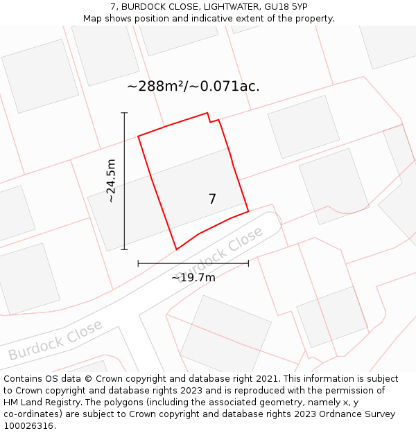 7, BURDOCK CLOSE, LIGHTWATER, GU18 5YP: Plot and title map