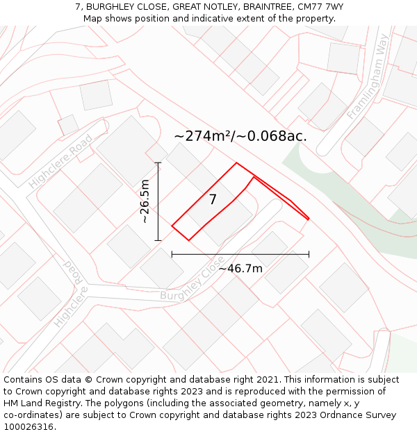 7, BURGHLEY CLOSE, GREAT NOTLEY, BRAINTREE, CM77 7WY: Plot and title map
