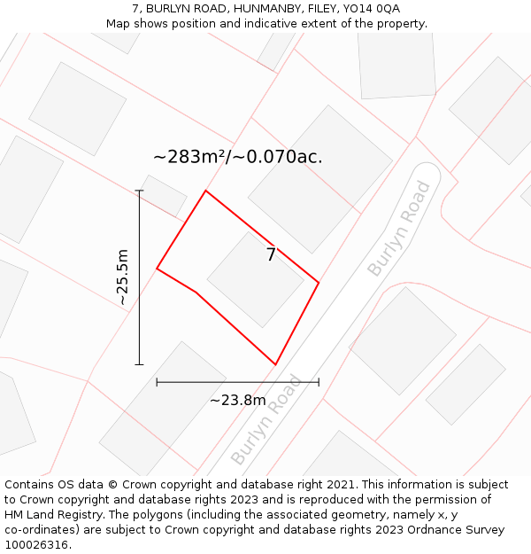 7, BURLYN ROAD, HUNMANBY, FILEY, YO14 0QA: Plot and title map