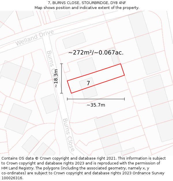 7, BURNS CLOSE, STOURBRIDGE, DY8 4NF: Plot and title map