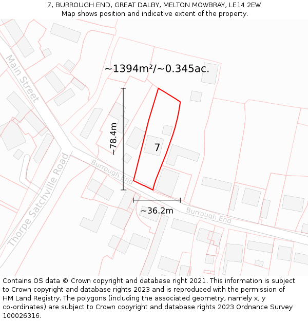 7, BURROUGH END, GREAT DALBY, MELTON MOWBRAY, LE14 2EW: Plot and title map