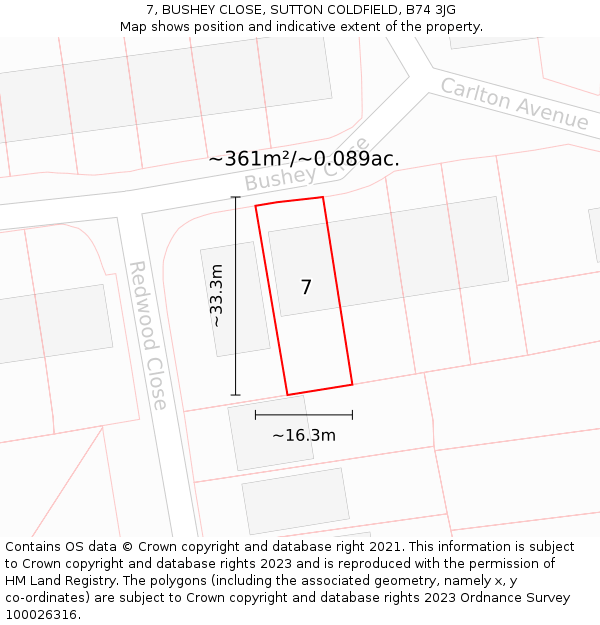 7, BUSHEY CLOSE, SUTTON COLDFIELD, B74 3JG: Plot and title map