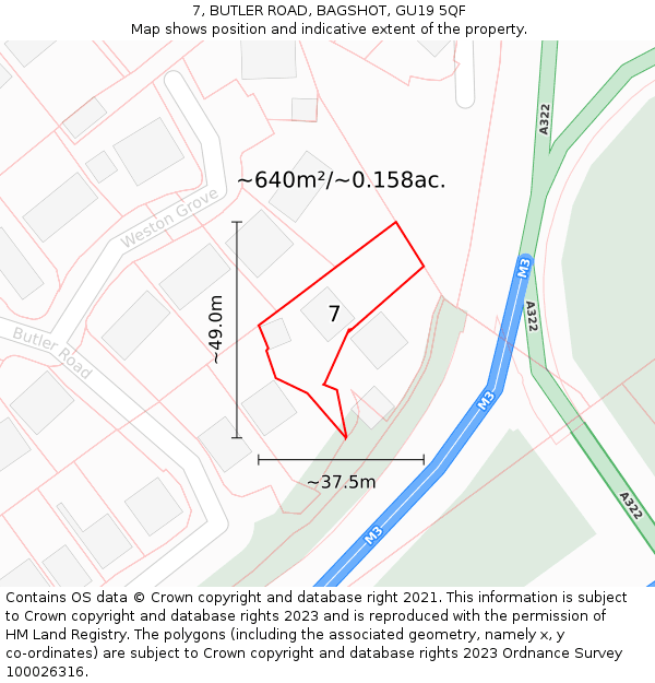 7, BUTLER ROAD, BAGSHOT, GU19 5QF: Plot and title map