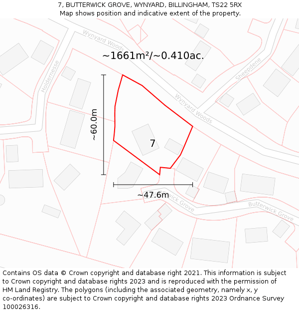 7, BUTTERWICK GROVE, WYNYARD, BILLINGHAM, TS22 5RX: Plot and title map