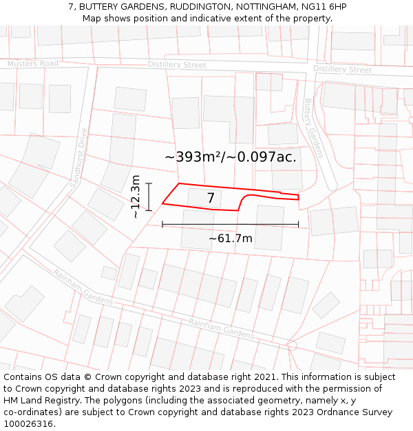 7, BUTTERY GARDENS, RUDDINGTON, NOTTINGHAM, NG11 6HP: Plot and title map