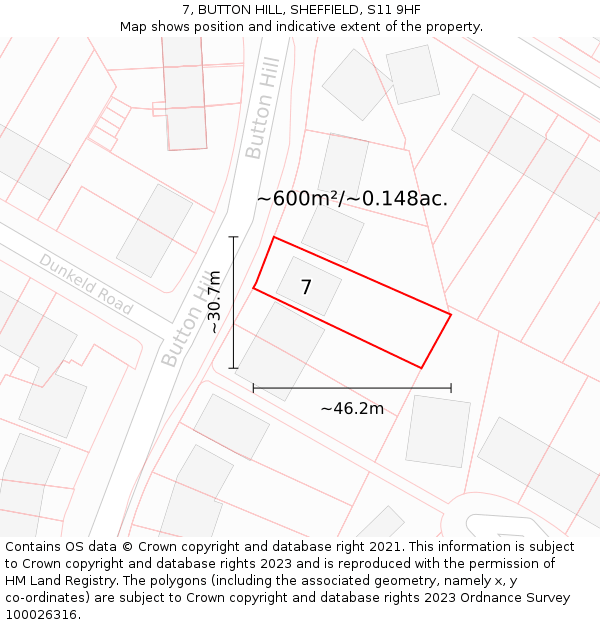 7, BUTTON HILL, SHEFFIELD, S11 9HF: Plot and title map