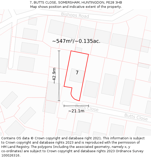 7, BUTTS CLOSE, SOMERSHAM, HUNTINGDON, PE28 3HB: Plot and title map
