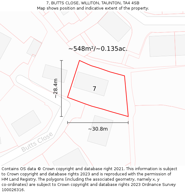 7, BUTTS CLOSE, WILLITON, TAUNTON, TA4 4SB: Plot and title map