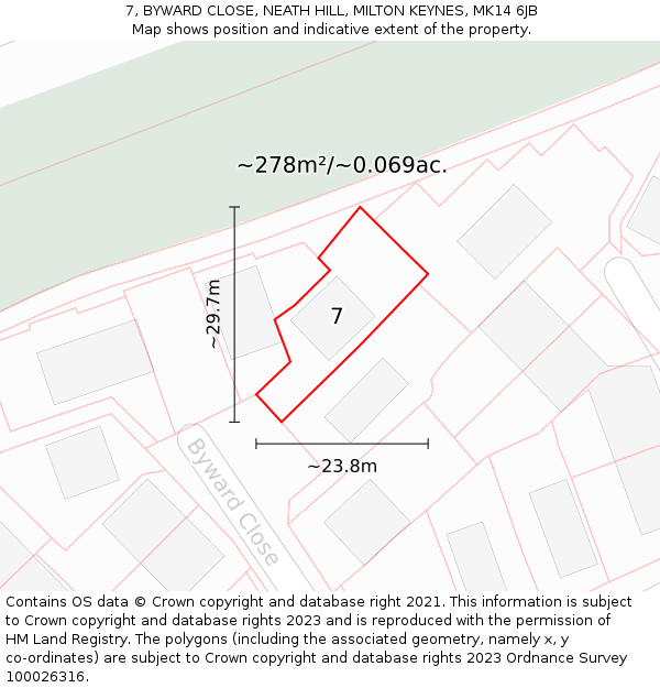 7, BYWARD CLOSE, NEATH HILL, MILTON KEYNES, MK14 6JB: Plot and title map