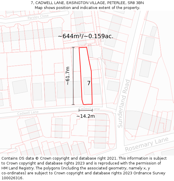 7, CADWELL LANE, EASINGTON VILLAGE, PETERLEE, SR8 3BN: Plot and title map