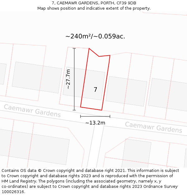 7, CAEMAWR GARDENS, PORTH, CF39 9DB: Plot and title map