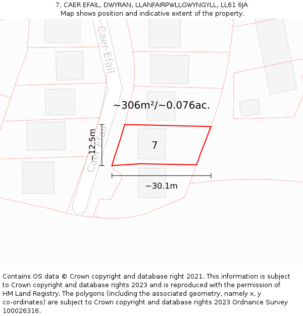 7, CAER EFAIL, DWYRAN, LLANFAIRPWLLGWYNGYLL, LL61 6JA: Plot and title map