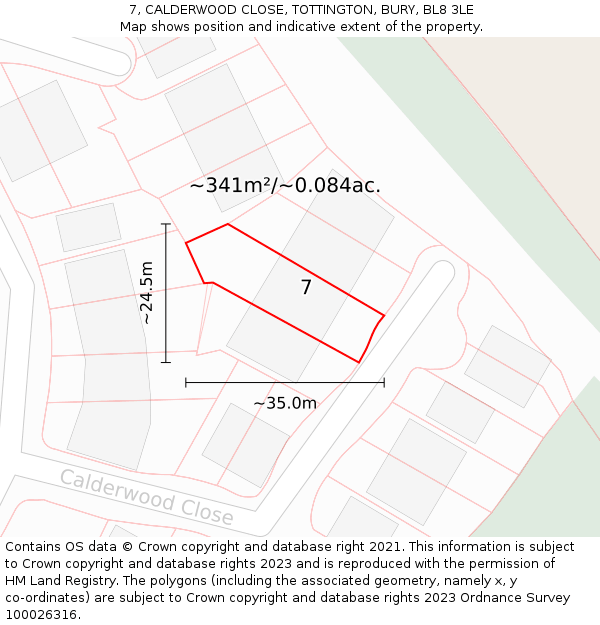 7, CALDERWOOD CLOSE, TOTTINGTON, BURY, BL8 3LE: Plot and title map