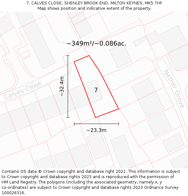 7, CALVES CLOSE, SHENLEY BROOK END, MILTON KEYNES, MK5 7HF: Plot and title map