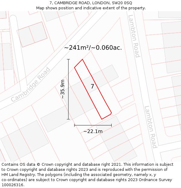 7, CAMBRIDGE ROAD, LONDON, SW20 0SQ: Plot and title map