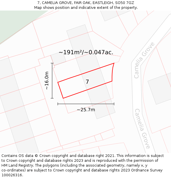 7, CAMELIA GROVE, FAIR OAK, EASTLEIGH, SO50 7GZ: Plot and title map