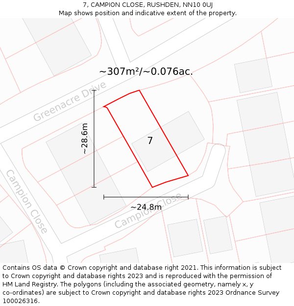 7, CAMPION CLOSE, RUSHDEN, NN10 0UJ: Plot and title map