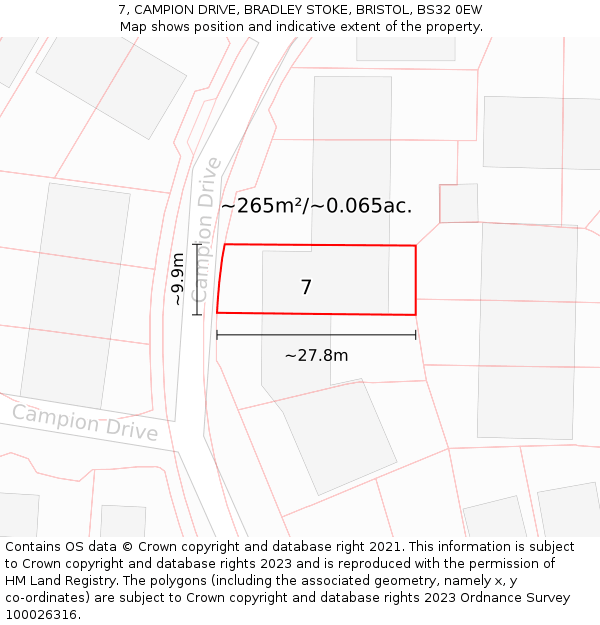 7, CAMPION DRIVE, BRADLEY STOKE, BRISTOL, BS32 0EW: Plot and title map