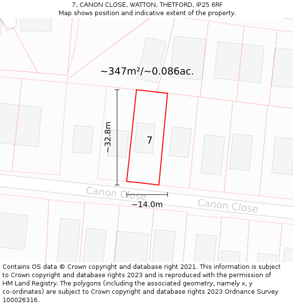 7, CANON CLOSE, WATTON, THETFORD, IP25 6RF: Plot and title map
