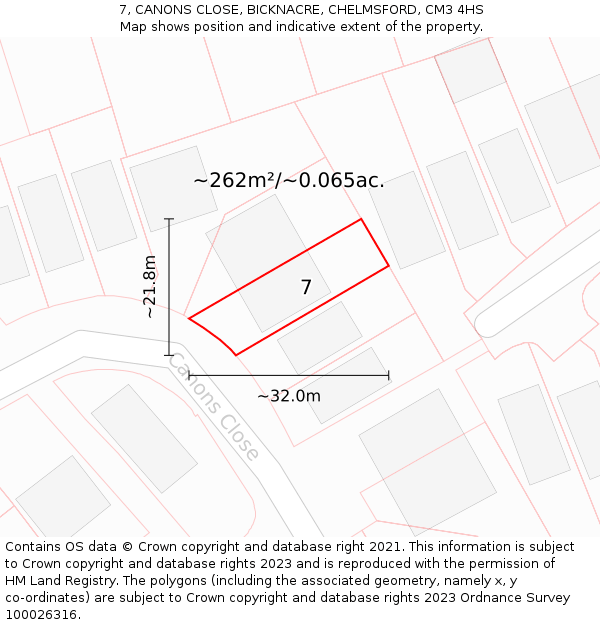 7, CANONS CLOSE, BICKNACRE, CHELMSFORD, CM3 4HS: Plot and title map