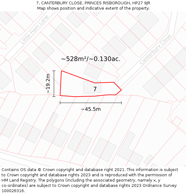 7, CANTERBURY CLOSE, PRINCES RISBOROUGH, HP27 9JR: Plot and title map