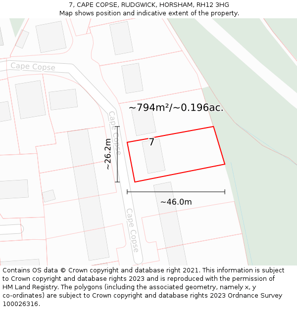 7, CAPE COPSE, RUDGWICK, HORSHAM, RH12 3HG: Plot and title map