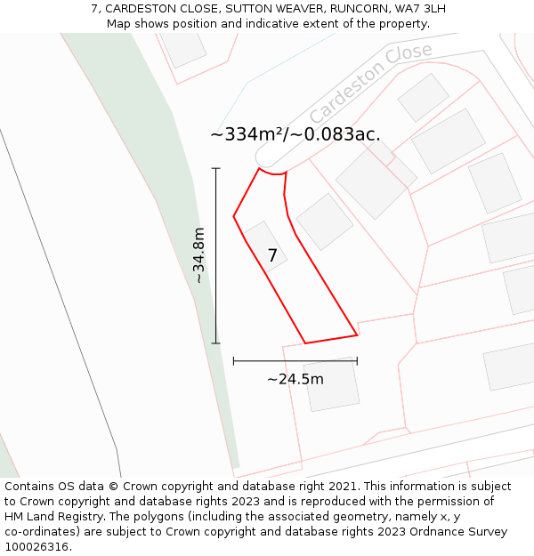 7, CARDESTON CLOSE, SUTTON WEAVER, RUNCORN, WA7 3LH: Plot and title map