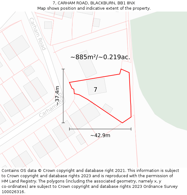 7, CARHAM ROAD, BLACKBURN, BB1 8NX: Plot and title map