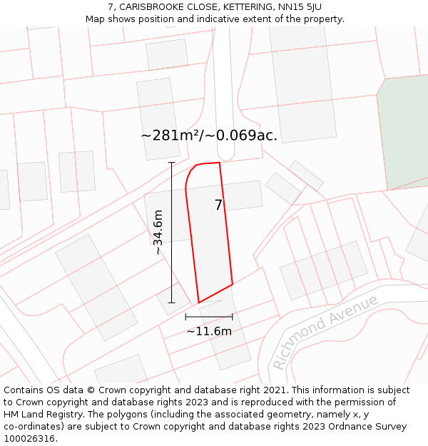 7, CARISBROOKE CLOSE, KETTERING, NN15 5JU: Plot and title map