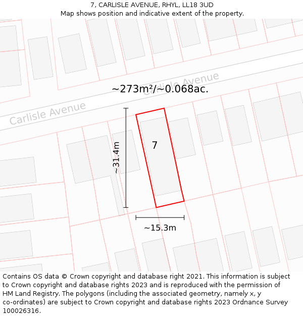 7, CARLISLE AVENUE, RHYL, LL18 3UD: Plot and title map