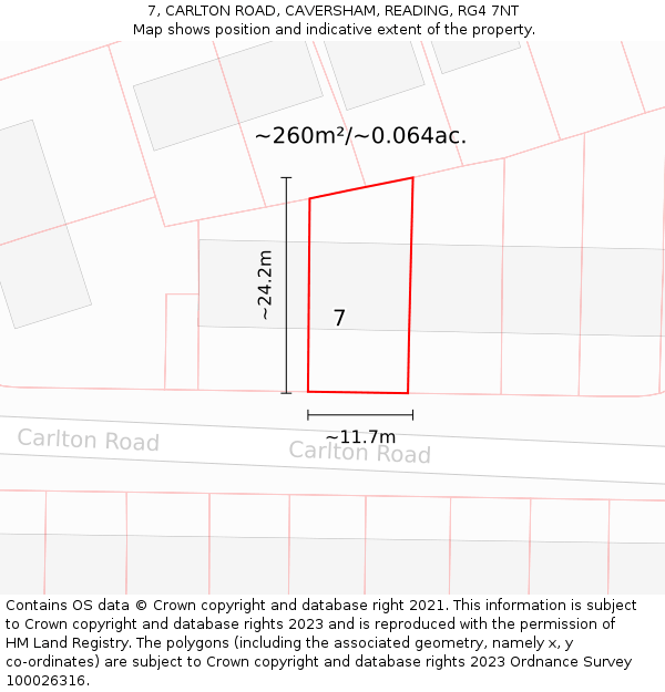 7, CARLTON ROAD, CAVERSHAM, READING, RG4 7NT: Plot and title map
