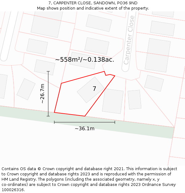 7, CARPENTER CLOSE, SANDOWN, PO36 9ND: Plot and title map