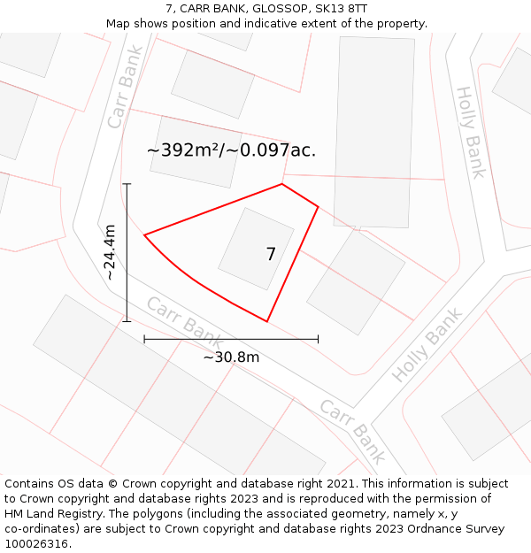 7, CARR BANK, GLOSSOP, SK13 8TT: Plot and title map