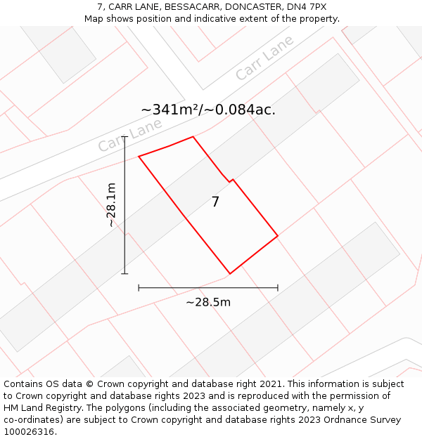 7, CARR LANE, BESSACARR, DONCASTER, DN4 7PX: Plot and title map