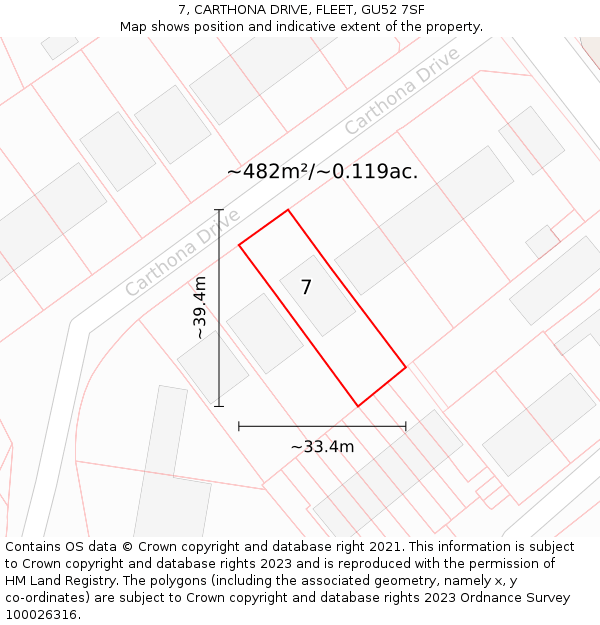 7, CARTHONA DRIVE, FLEET, GU52 7SF: Plot and title map