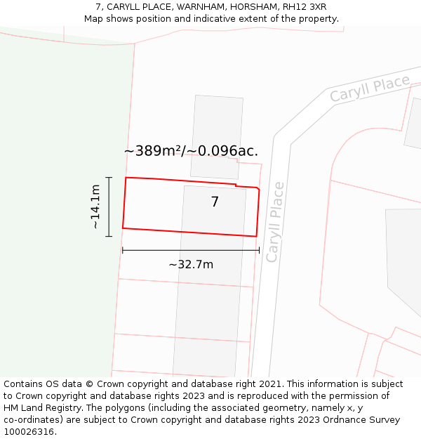 7, CARYLL PLACE, WARNHAM, HORSHAM, RH12 3XR: Plot and title map