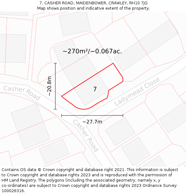 7, CASHER ROAD, MAIDENBOWER, CRAWLEY, RH10 7JG: Plot and title map