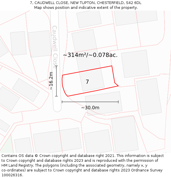 7, CAUDWELL CLOSE, NEW TUPTON, CHESTERFIELD, S42 6DL: Plot and title map