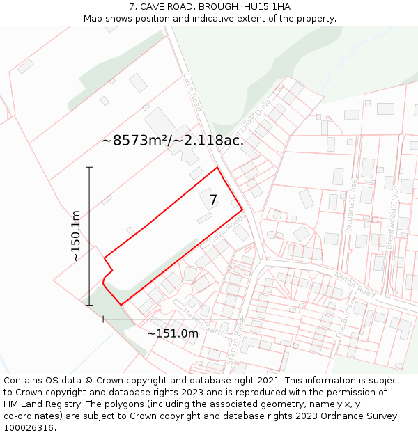 7, CAVE ROAD, BROUGH, HU15 1HA: Plot and title map