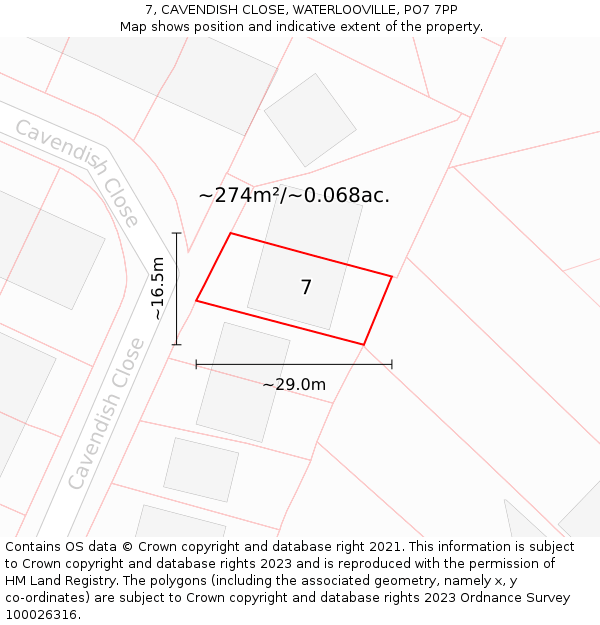 7, CAVENDISH CLOSE, WATERLOOVILLE, PO7 7PP: Plot and title map